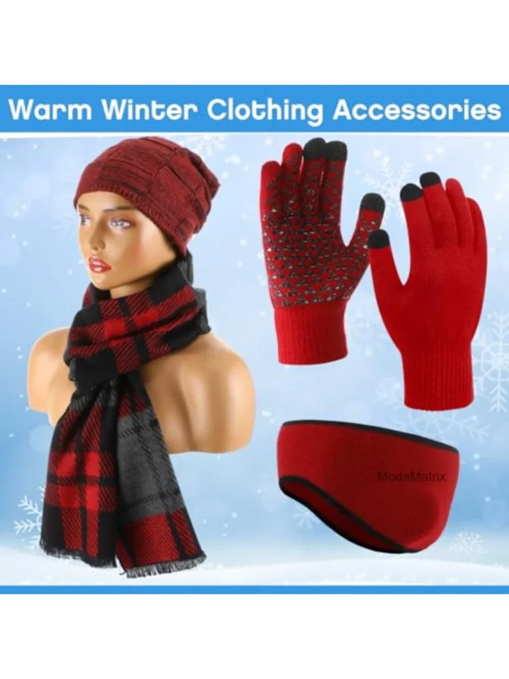 Men's Winter Hat Scarf Gloves Earmuff Set - Warm Knitted 4 Piece Set with Touch